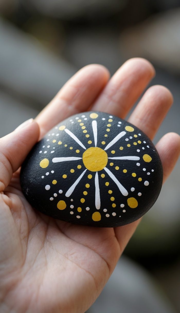 A hand holds a smooth black stone painted with a yellow circle in the center, surrounded by radiating white lines and dots, and additional yellow and white dots forming a decorative pattern.