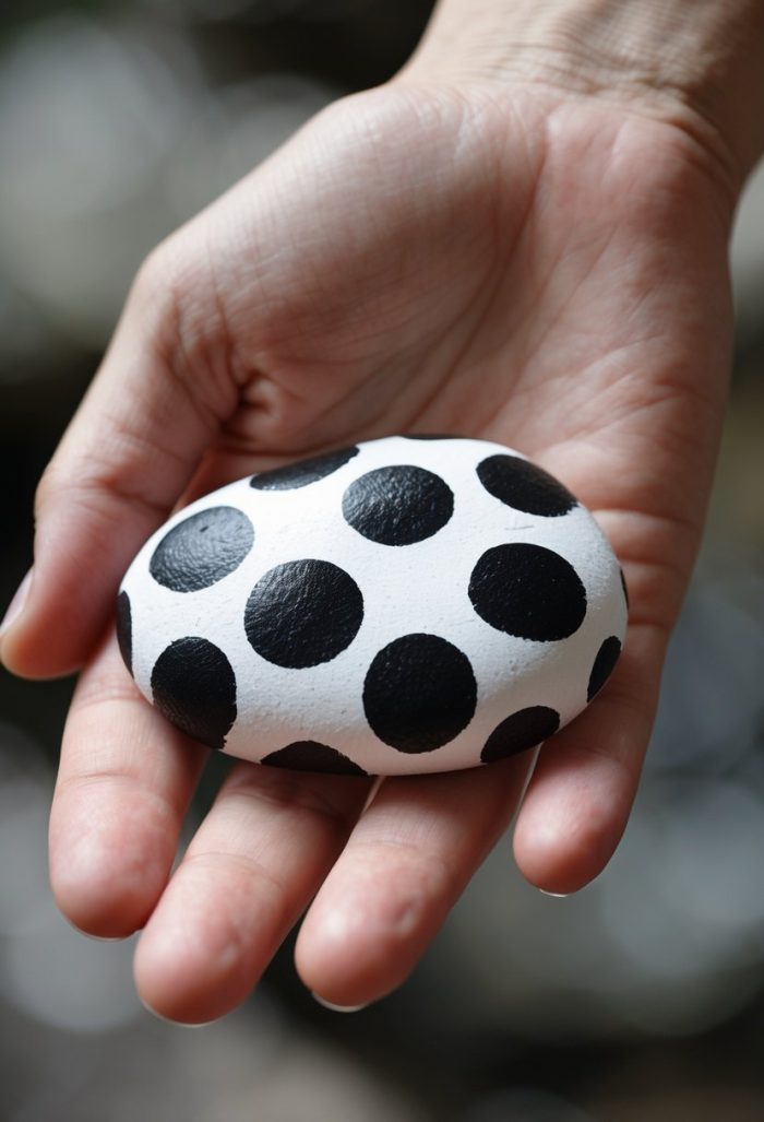 A hand holding a smooth white stone painted with large black polka dots.