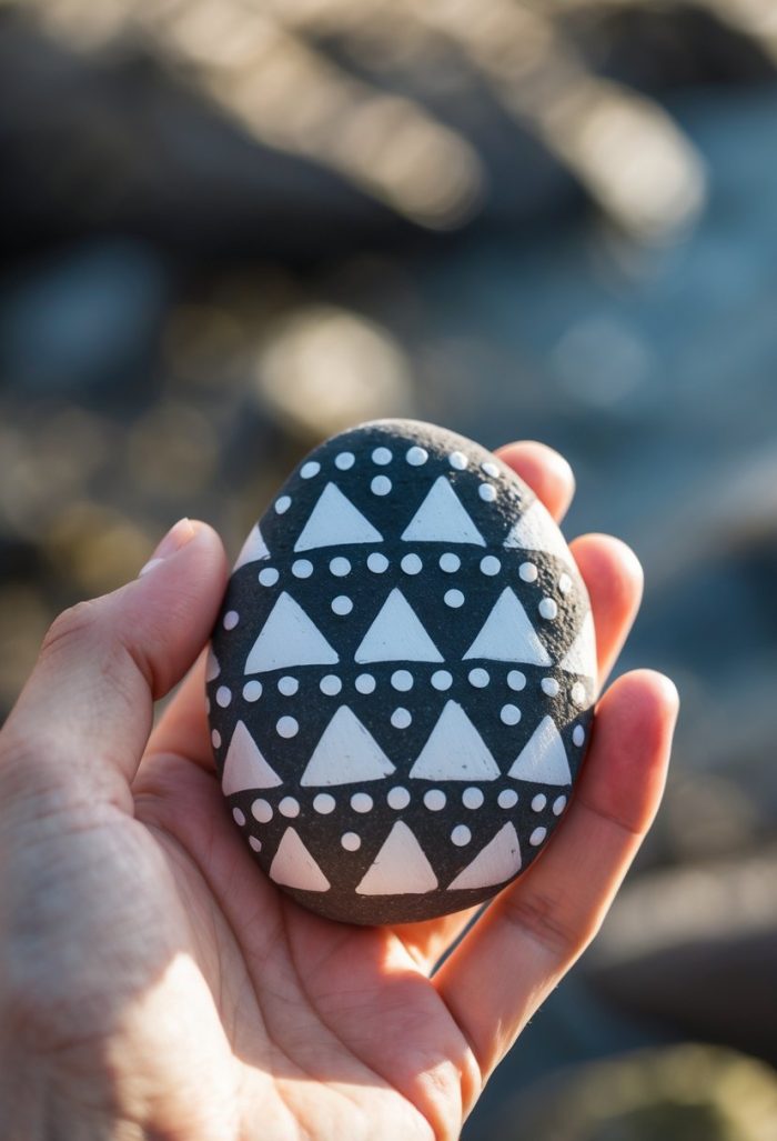 A hand holds a smooth, oval stone painted with white triangles and dots in geometric patterns on a black background. The background is blurred, showing an outdoor setting.