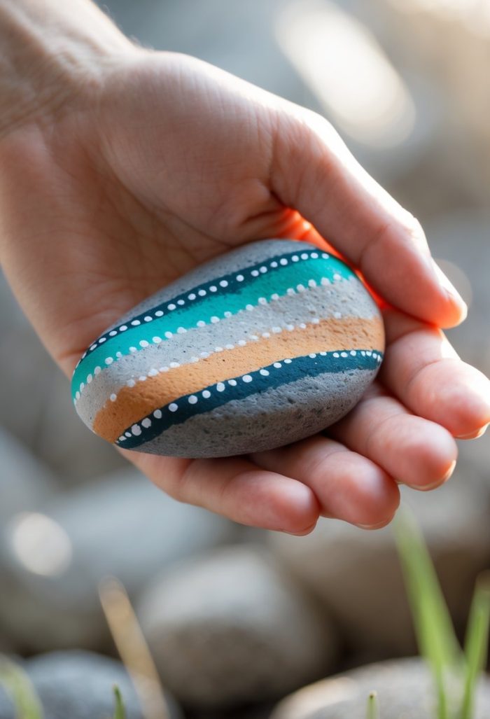 A hand holding a smooth gray stone painted with horizontal stripes in teal, white, and gold, decorated with small white dots. Blurred rocks and green grass are visible in the background.