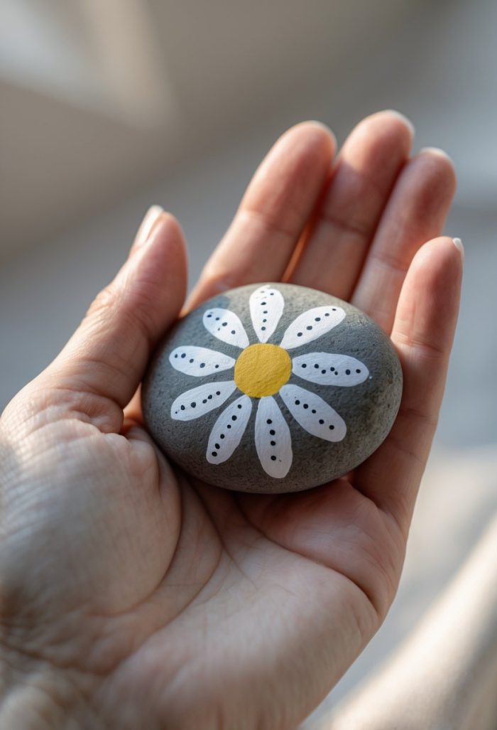 A hand holds a smooth gray stone painted with a white daisy, featuring a yellow center and dotted details on the petals.