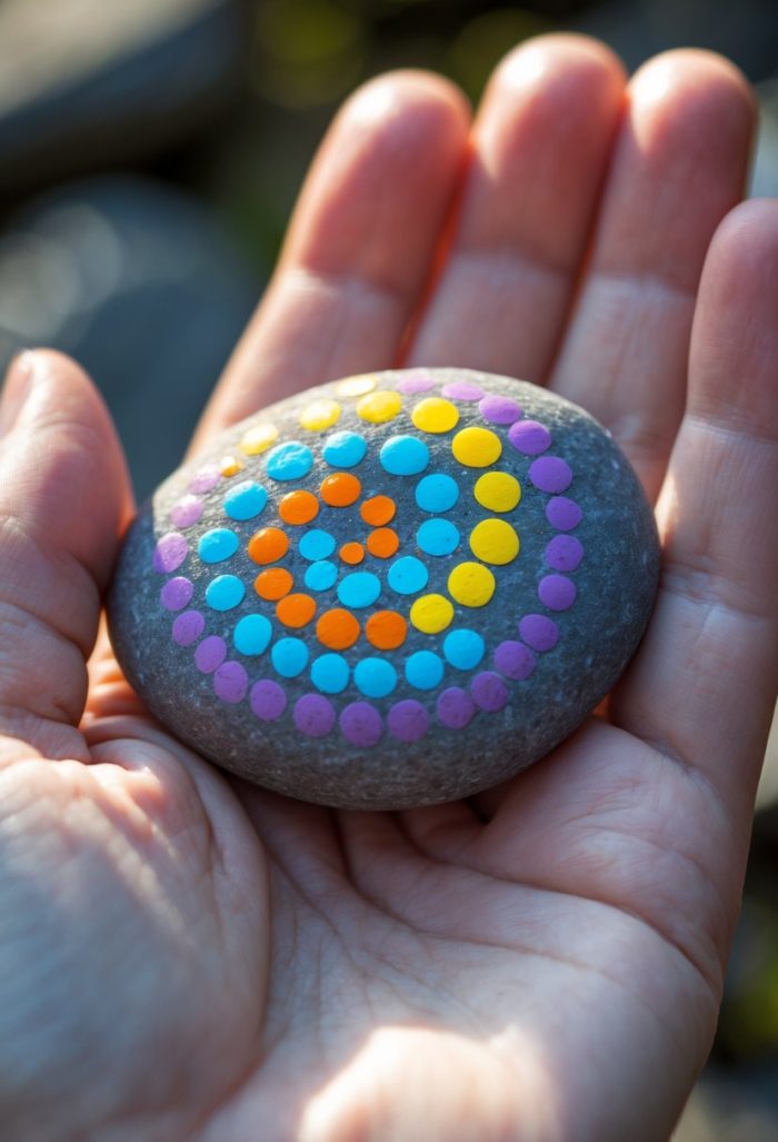 A hand holds a smooth gray stone painted with colorful dots arranged in concentric circles, featuring purple, blue, yellow, and orange colors. The background is softly blurred.