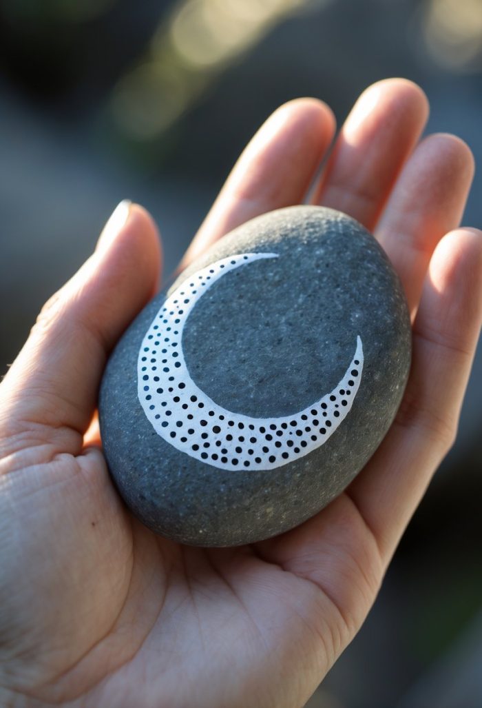 A hand holds a smooth gray stone with a white crescent moon design decorated with small dots. The background is softly blurred.