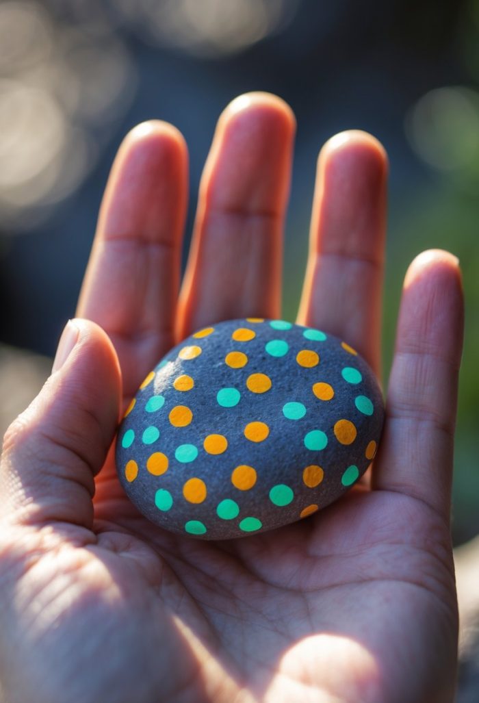 A hand holds a smooth stone painted with colorful orange, green, and blue polka dots, displayed in natural sunlight.