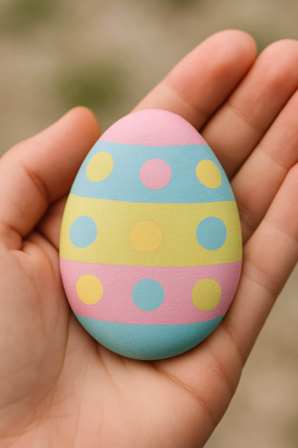 A hand holds a pastel-colored Easter egg decorated with pink, blue, and yellow stripes and polka dots.