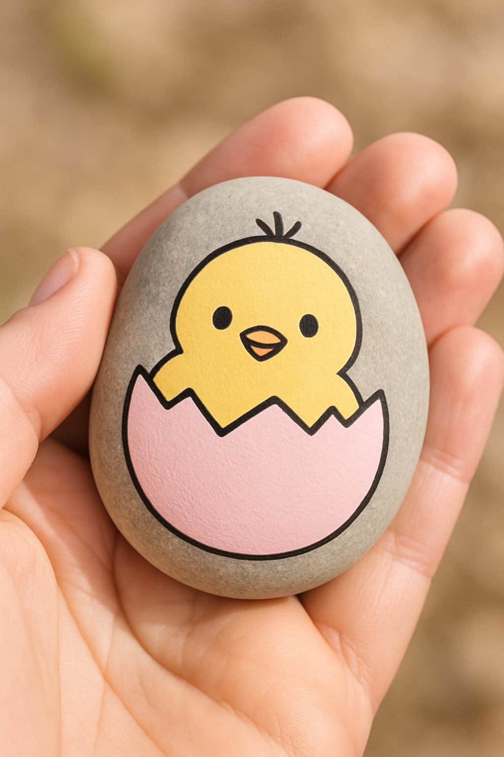 A hand holding a smooth gray stone painted with a cute yellow chick emerging from a pink eggshell. The background is blurred.