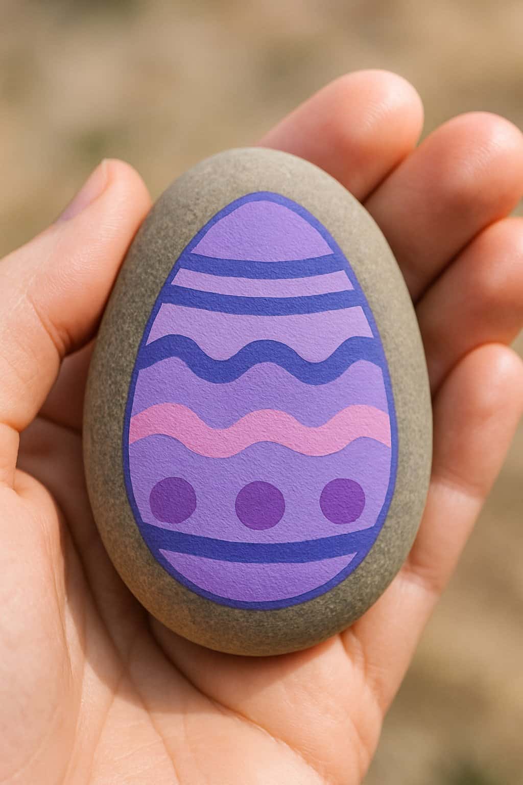 A hand holds a smooth, oval stone painted with a purple and pink Easter egg design featuring stripes, waves, and dots.