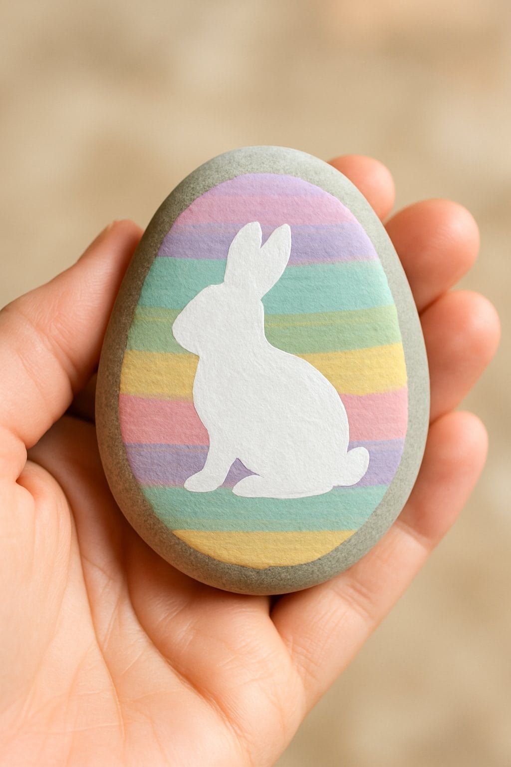 A hand holds an egg-shaped stone painted with pastel rainbow stripes and featuring a white silhouette of a rabbit in the center.
