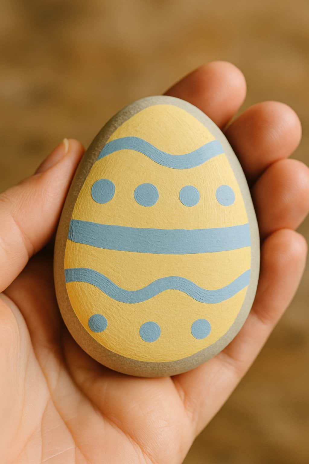 A hand holds a smooth stone painted yellow with blue wavy lines and dots, resembling a decorated Easter egg.