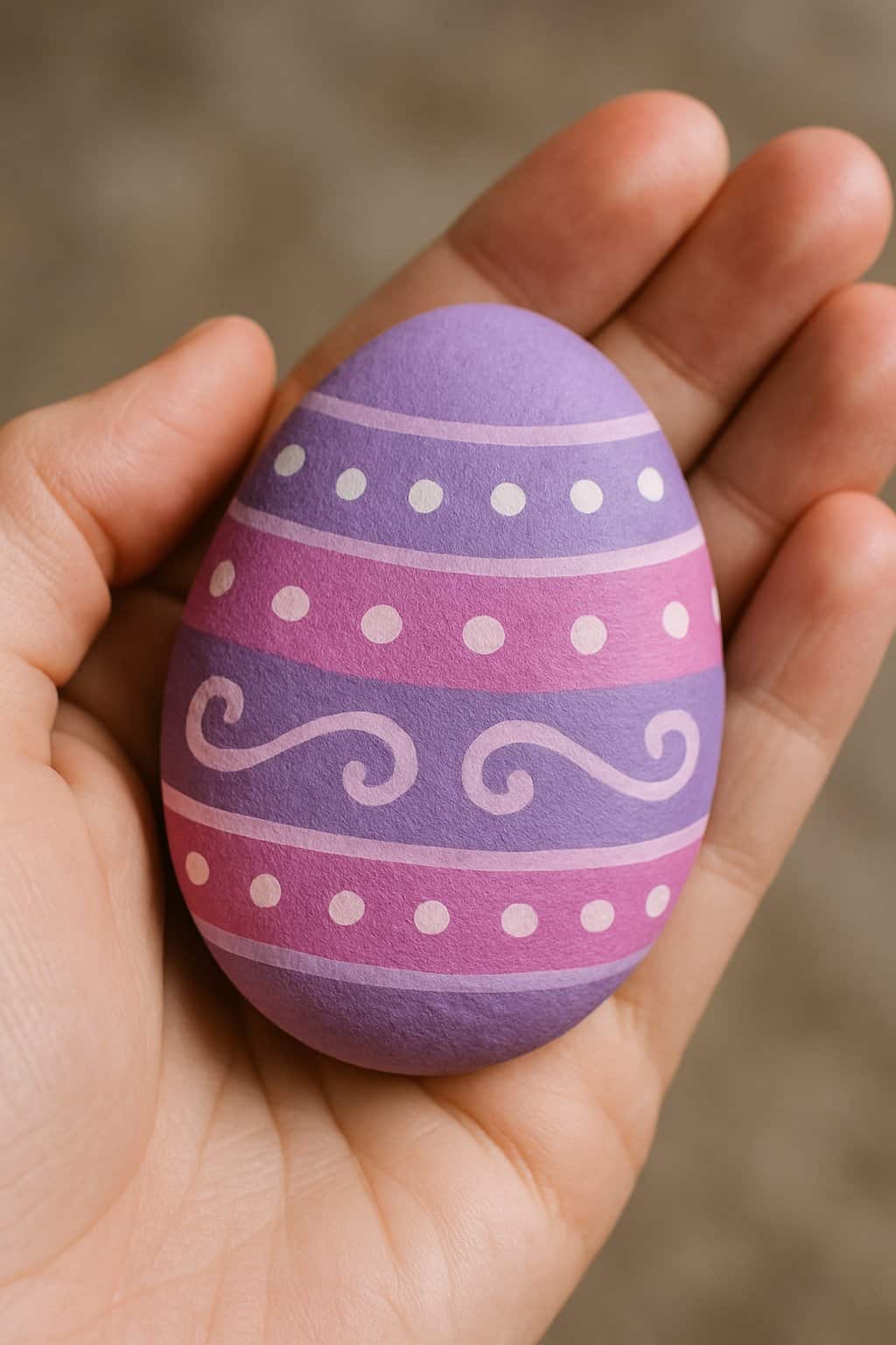A hand holding a purple Easter egg decorated with pink and white stripes, dots, and swirl patterns.