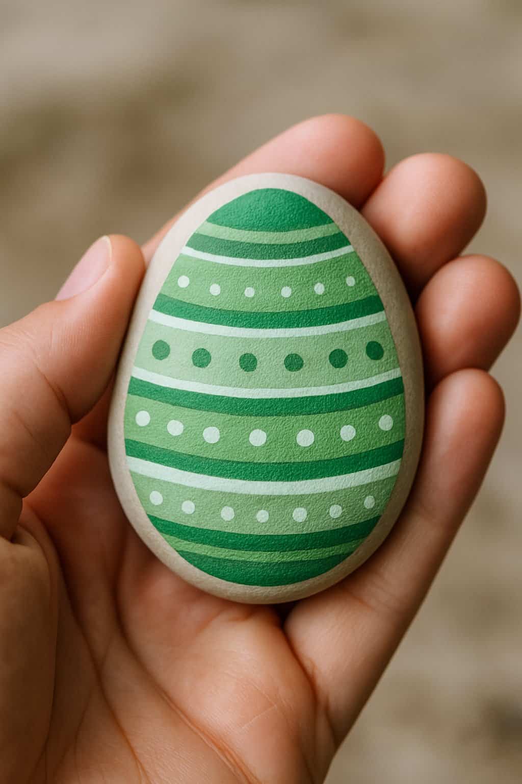 A hand holds a smooth, oval-shaped stone painted with green and light green stripes and polka dots, resembling a decorative Easter egg.
