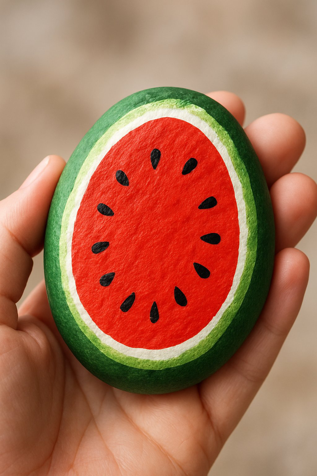 A hand holds a smooth stone painted to look like a slice of watermelon, with a green rind, white inner ring, red center, and black seeds.
