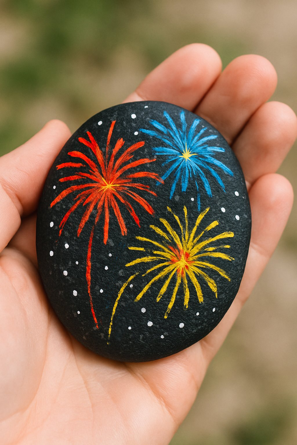 A hand holds a smooth black stone painted with colorful fireworks in red, blue, and yellow, along with white dots resembling stars.