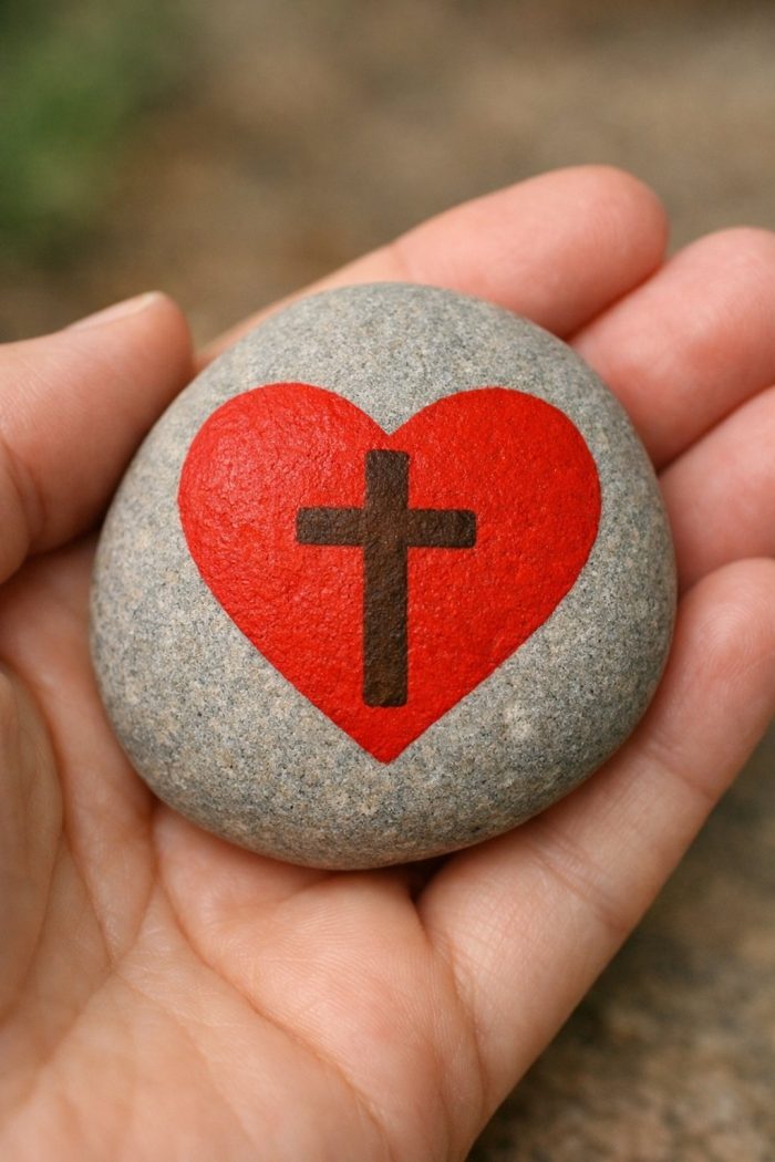 A hand holds a smooth gray stone painted with a red heart and a black cross in the center of the heart.