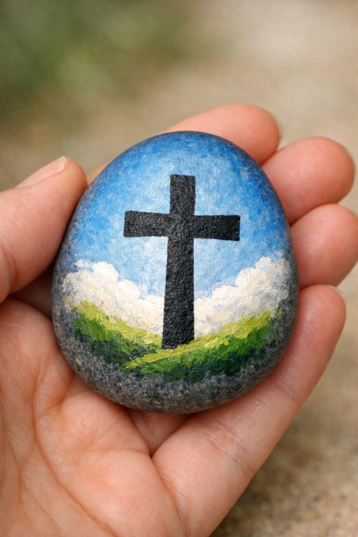 A hand holds a painted rock featuring a black cross against a blue sky with clouds and green grass at the bottom.