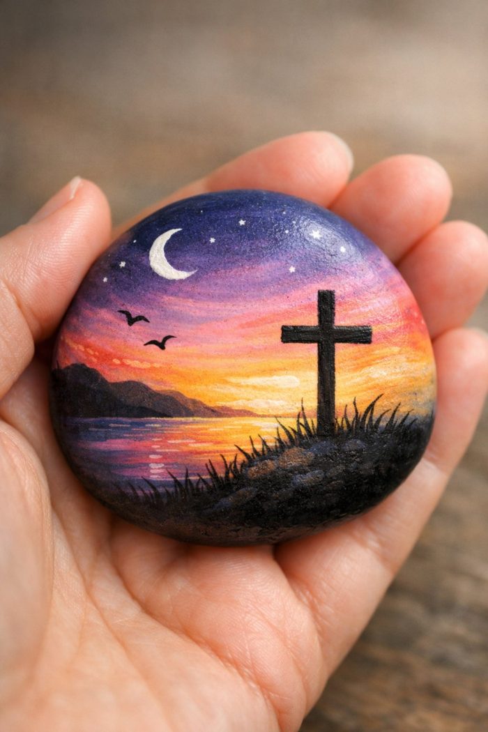A hand holds a painted stone featuring a silhouette of a cross on grass, with a colorful sunset, mountains, flying birds, a crescent moon, and stars in the sky.