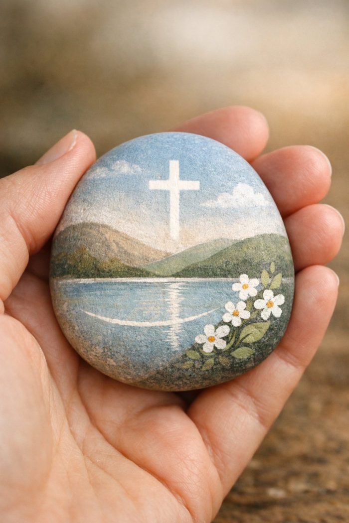 A hand holds a painted stone featuring a white cross above a lake, with mountains in the background, clouds in the sky, and white flowers with green leaves in the foreground.