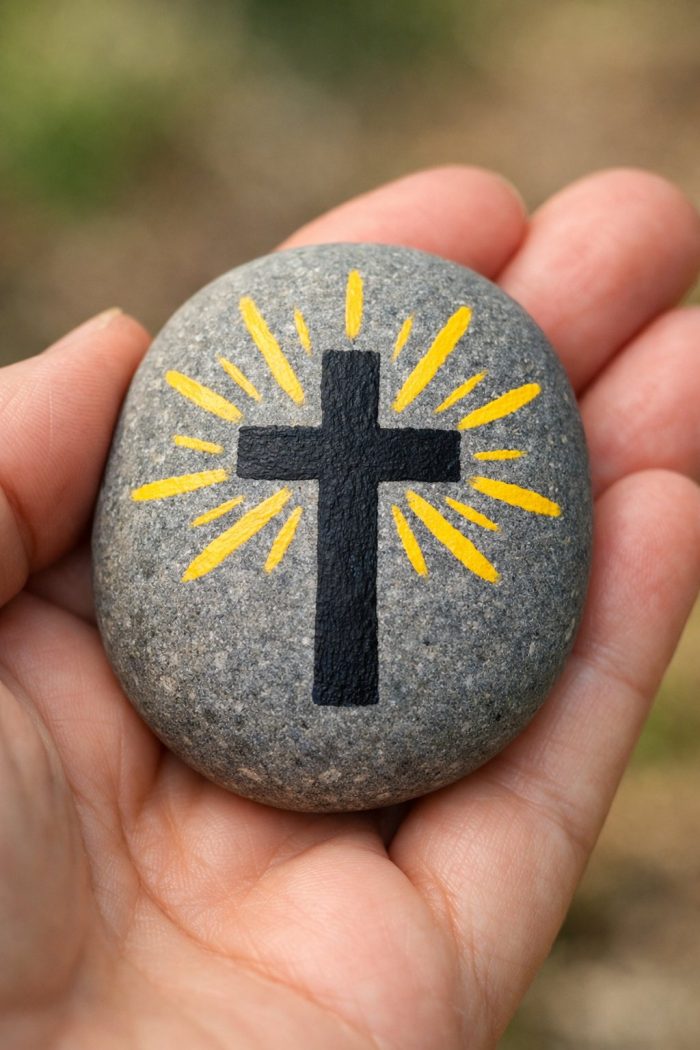 A hand holds a smooth gray stone painted with a black cross surrounded by yellow rays, symbolizing light or divinity.
