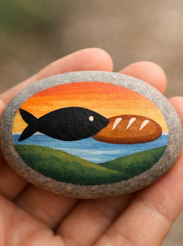 A hand holds a smooth stone painted with a black fish and a loaf of bread against a sunset background, with blue water and green hills beneath.
