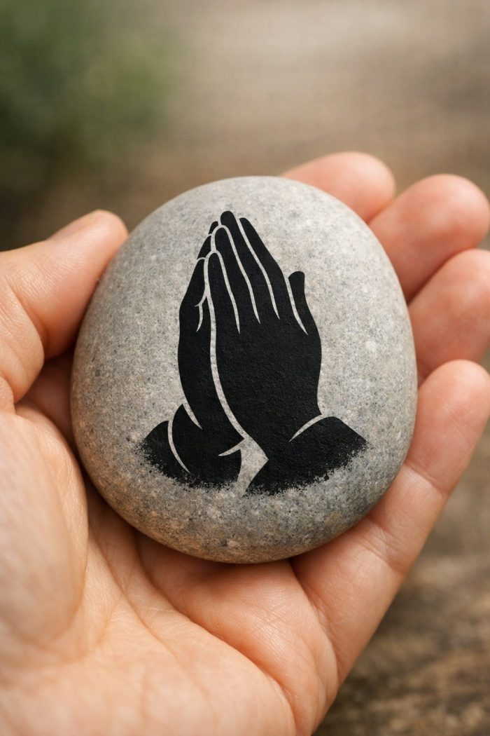A hand holds a smooth stone with a black illustration of two hands pressed together in prayer, symbolizing faith or meditation.