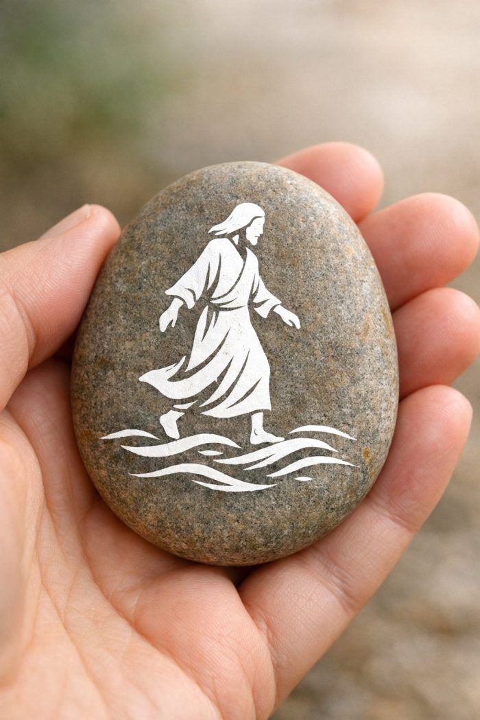 A hand holds a smooth stone with an engraving of a robed figure walking on stylized water, symbolizing Jesus walking on water. The background is softly blurred.