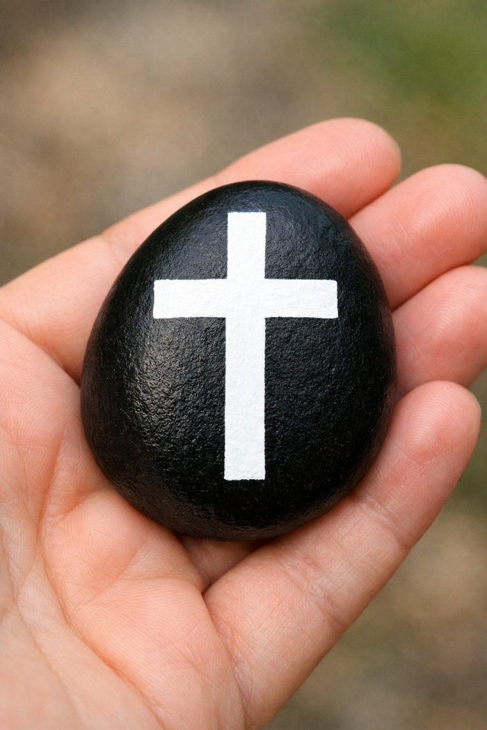 A hand holding a smooth, black stone with a white Christian cross painted on it.