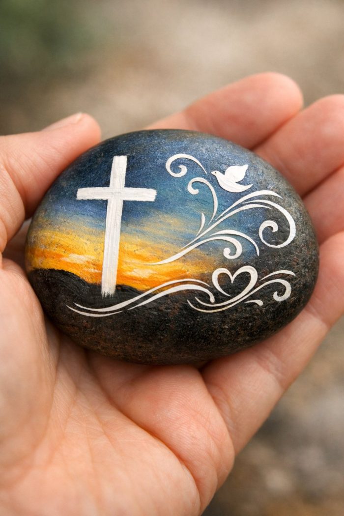 A hand holds a smooth stone painted with a white cross, a heart, a dove, and swirling lines over a sunset background.