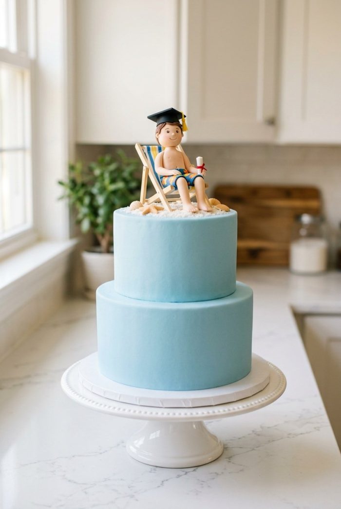 Two-tier light blue cake on a white stand, topped with a figurine of a person in a swimsuit, graduation cap, and sunglasses relaxing on a beach chair, holding a diploma, with a kitchen in the background.