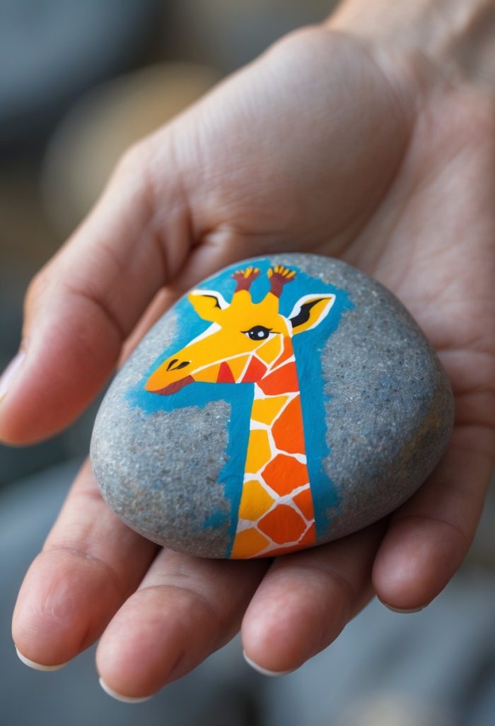 A hand holds a smooth gray stone painted with a colorful giraffe, featuring a yellow face, orange spots, and a bright blue neck outline.