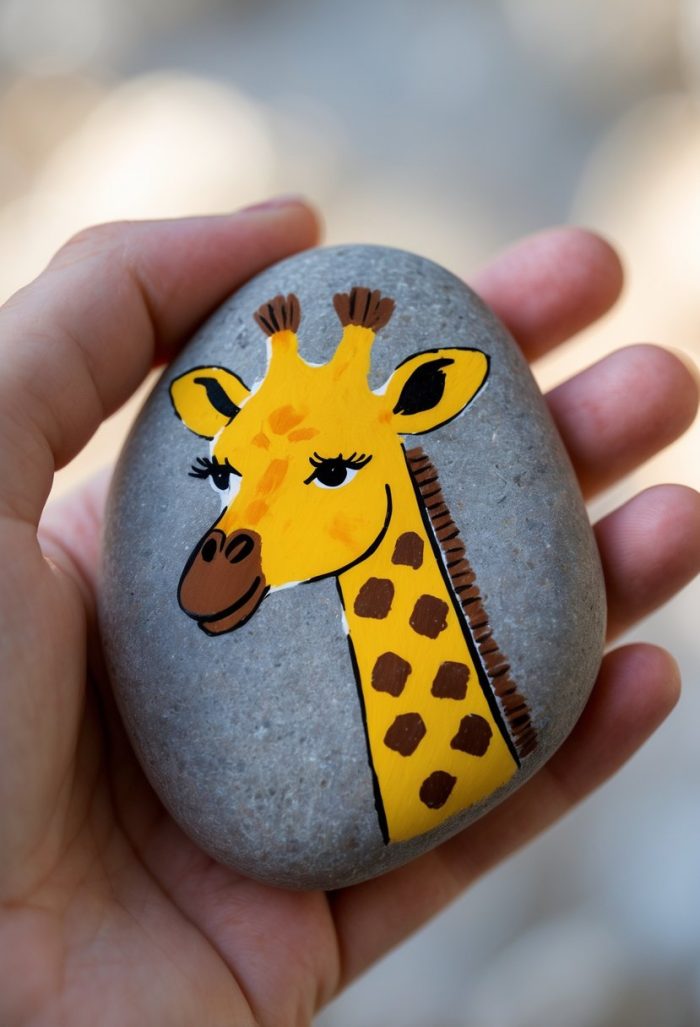A hand is holding a smooth stone painted with a colorful illustration of a giraffe’s face and neck. The giraffe has large eyes, brown spots, and small horns. The background is softly blurred.