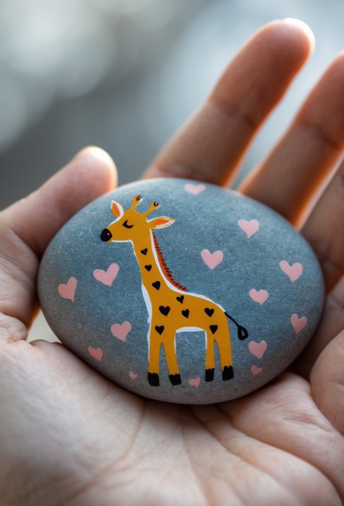A hand holds a smooth gray stone painted with a cute giraffe surrounded by pink hearts.