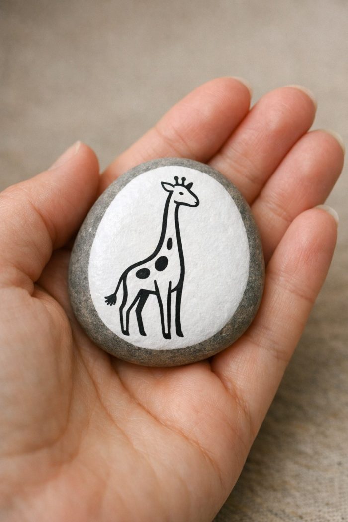 A hand holding a rock with a drawing of a giraffe.