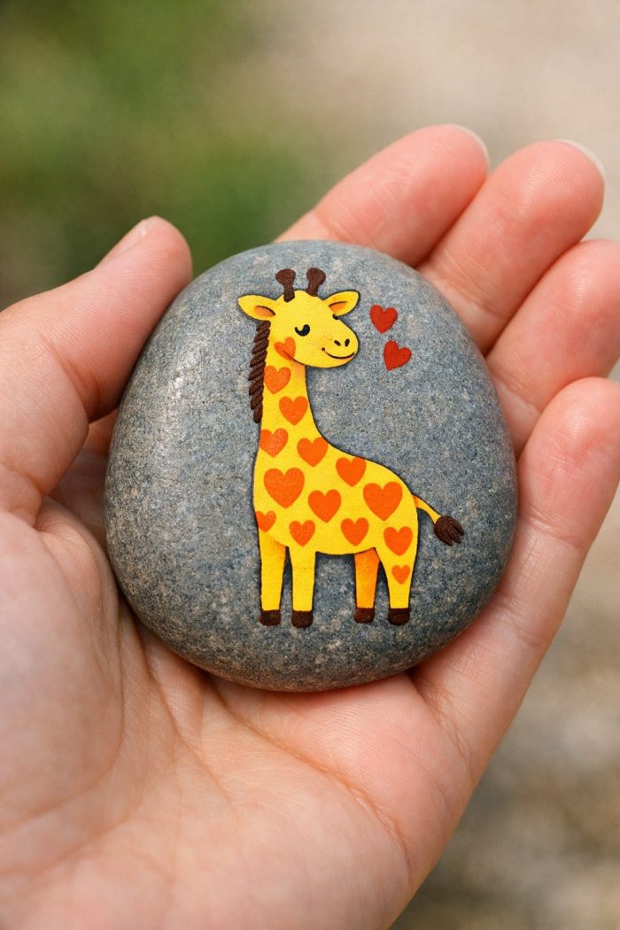 A hand holds a smooth gray stone painted with a yellow giraffe covered in orange hearts, standing and smiling with two small red hearts above its back. The background is blurred green and beige.