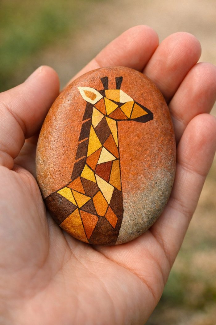A hand holds a smooth oval stone painted with a geometric, mosaic-style image of a giraffe in shades of brown, yellow, and orange. The background is blurred and outdoors.