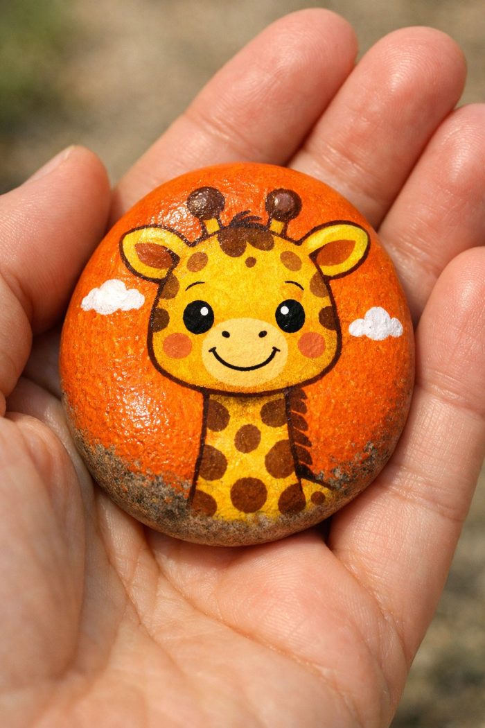 A hand holds a painted rock featuring a smiling cartoon giraffe on an orange background with two small white clouds.