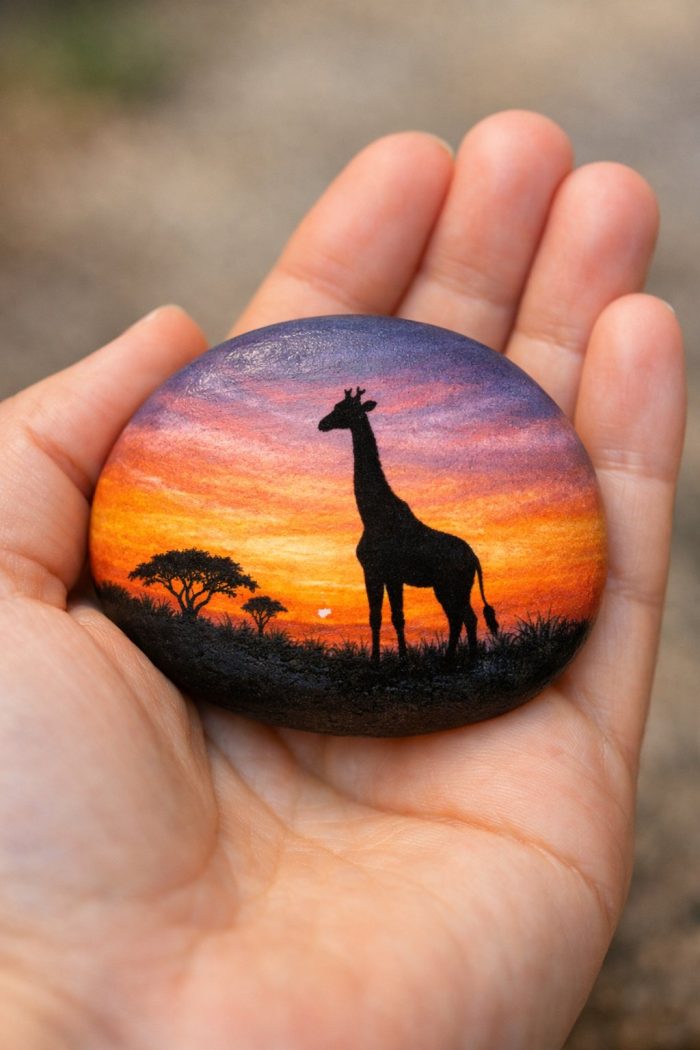 A hand holds a smooth stone painted with a silhouette of a giraffe and trees against a vibrant sunset sky of orange, purple, and pink hues.