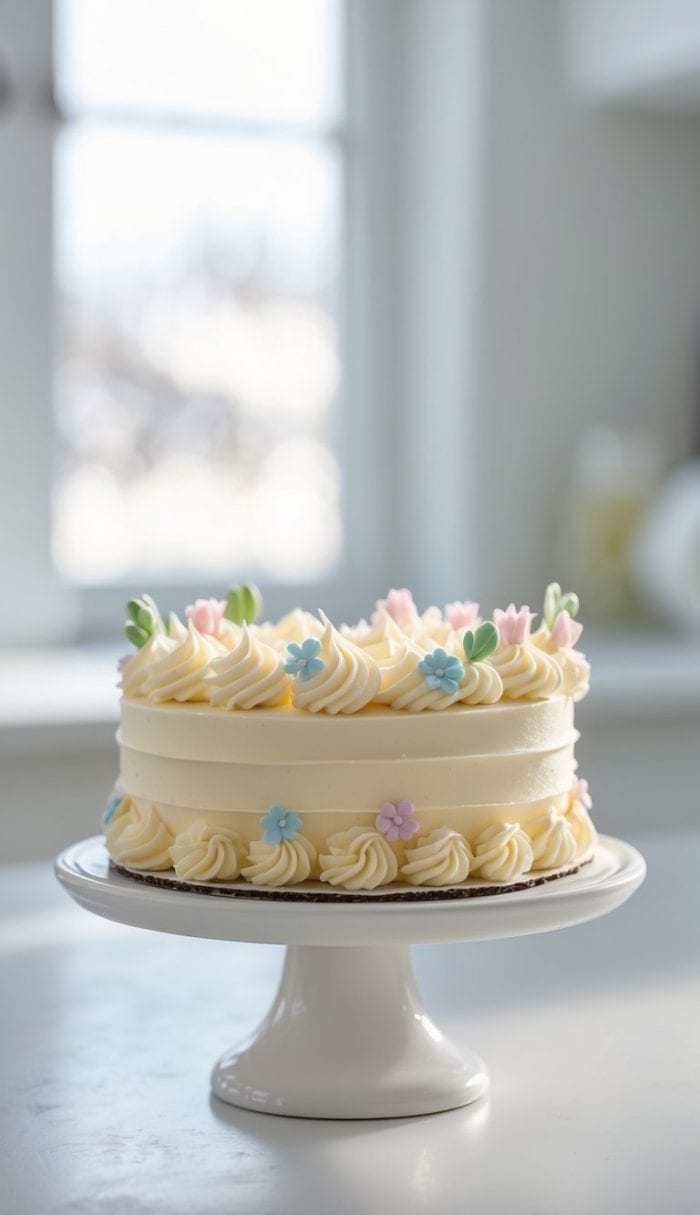 A beautifully decorated round cake with creamy white frosting and pastel flower decorations sits on a white cake stand in a bright kitchen.