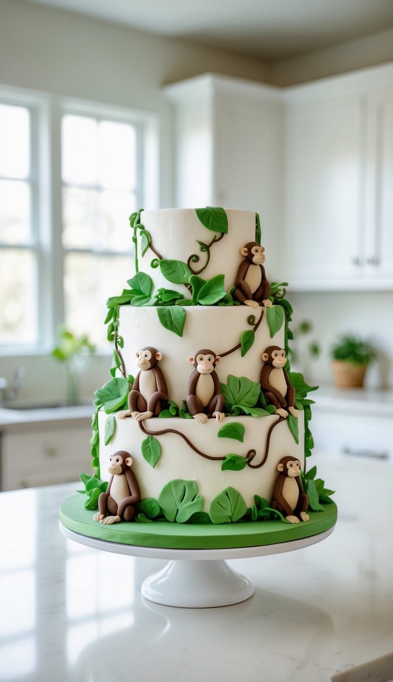 A three-tiered white cake decorated with green leaves, vines, and fondant monkeys, displayed on a white stand in a bright kitchen.