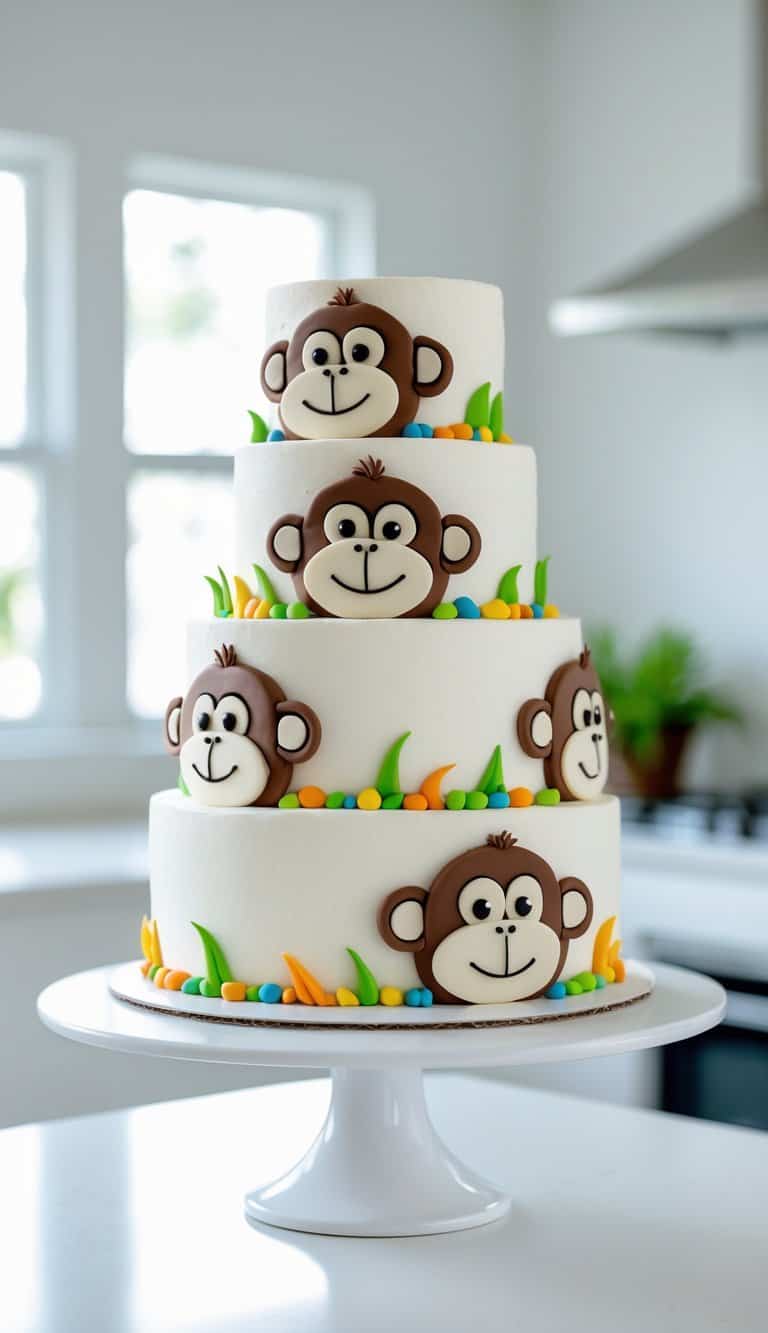 A four-tiered white cake decorated with smiling monkey faces, colorful round candies, and green fondant grass, displayed on a white cake stand in a bright kitchen.