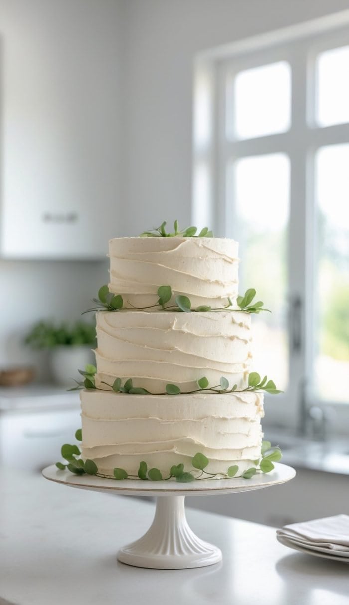 A three-tiered white frosted cake decorated with small green leaves sits on a white cake stand in a bright, modern kitchen.