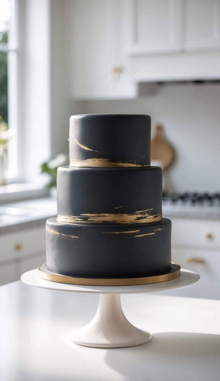 A three-tiered black cake with gold brushstroke accents sits on a white cake stand in a bright kitchen.