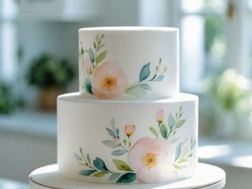 A two-tier white cake decorated with hand-painted pink flowers and green leaves sits on a white cake stand in a bright kitchen with sunlight streaming through the windows.