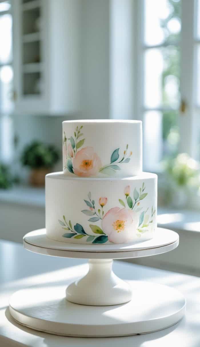 A two-tier white cake decorated with hand-painted pink flowers and green leaves sits on a white cake stand in a bright kitchen with sunlight streaming through the windows.