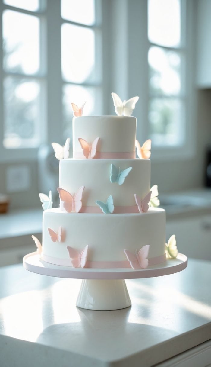 A three-tiered white cake decorated with pastel-colored edible butterflies and pink ribbon accents, displayed on a white cake stand in a bright, sunlit kitchen.