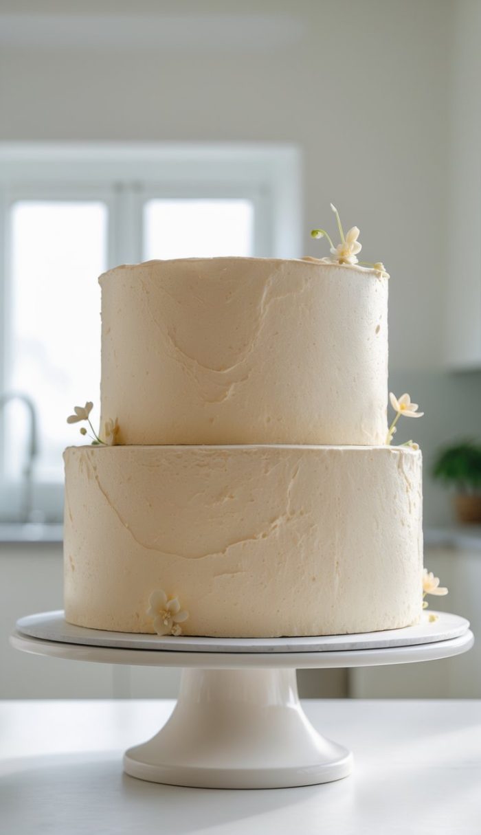 A two-tiered white frosted cake with small white flower decorations, displayed on a white cake stand in a bright kitchen setting.