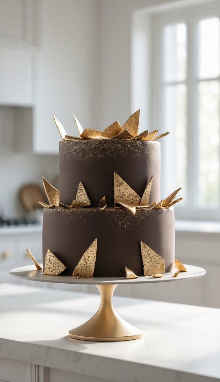 A two-tiered chocolate cake decorated with gold geometric shards, displayed on a modern gold cake stand in a bright, white kitchen.