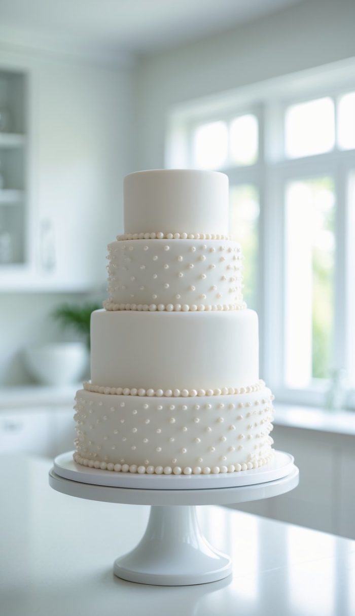 A three-tiered white wedding cake decorated with rows of pearl-like beads sits on a white cake stand in a bright, modern kitchen with large windows in the background.