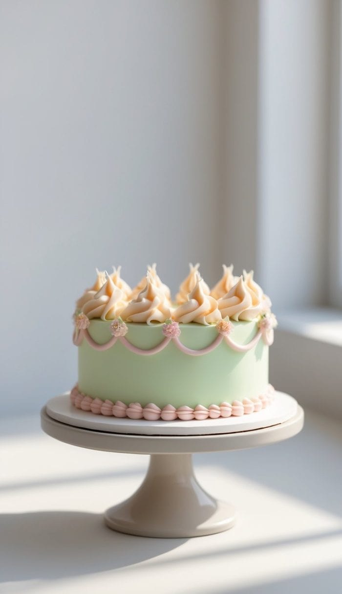 A pastel green cake with pink piped icing and small flower decorations sits on a white cake stand in natural sunlight by a window.