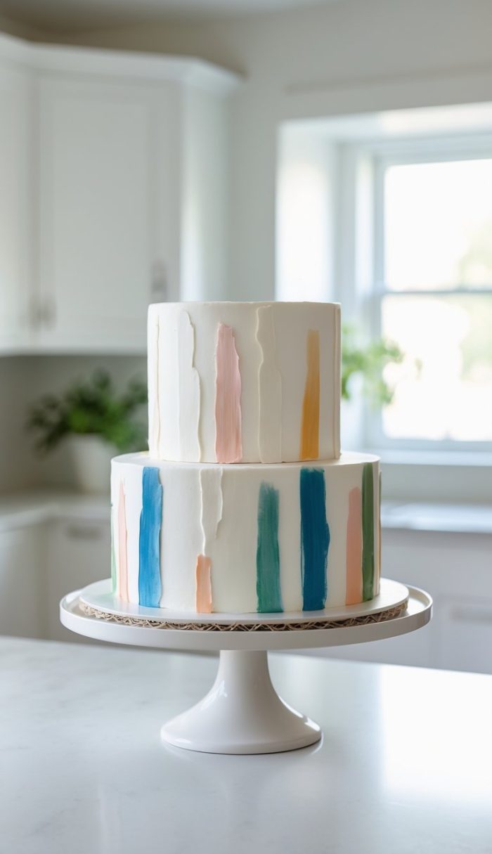 A two-tiered white cake decorated with vertical brushstroke patterns in pastel colors, displayed on a white cake stand in a bright kitchen.