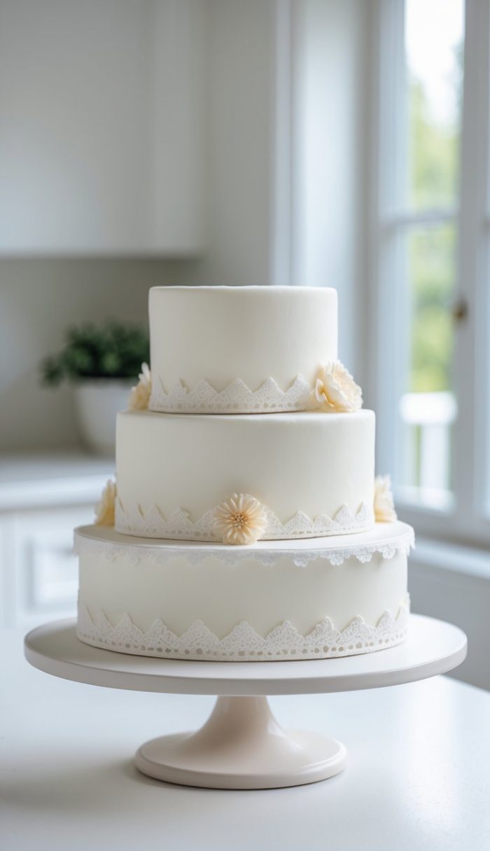 A three-tiered white cake with delicate lace-like decorations and small cream-colored flowers, displayed on a white cake stand in a bright, modern kitchen.